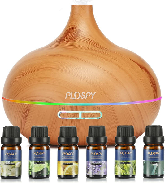 Diffuser with Essential Oils Included, 550Ml Essential Oil Diffuser & Essential Oils Set Cool Mist Humidifier, Ultrasonic Aromatherapy Diffuser Auto Shut-Off, 4 Timer & 7 Light for Office Home (Brown)